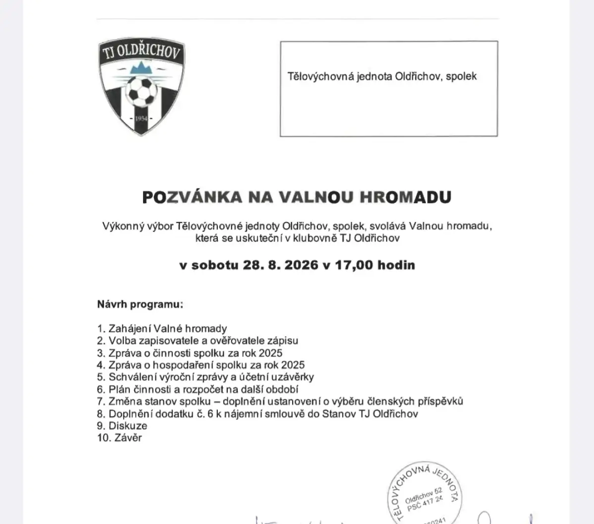 Pozvánka na Valnou hromadu