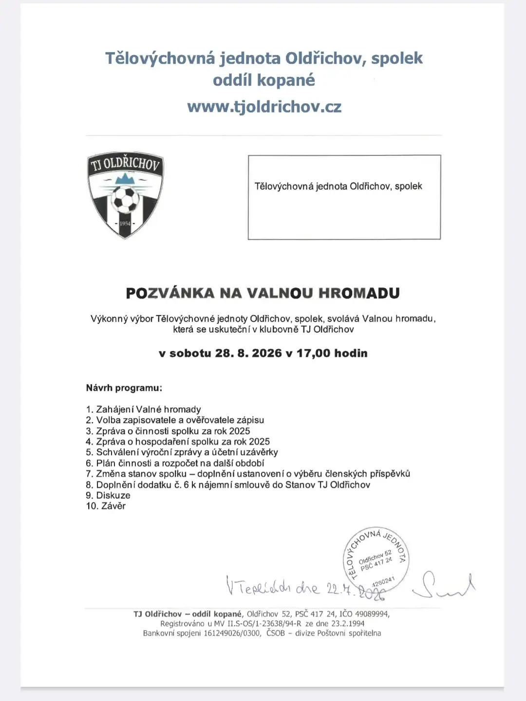 Pozvánka na Valnou hromadu